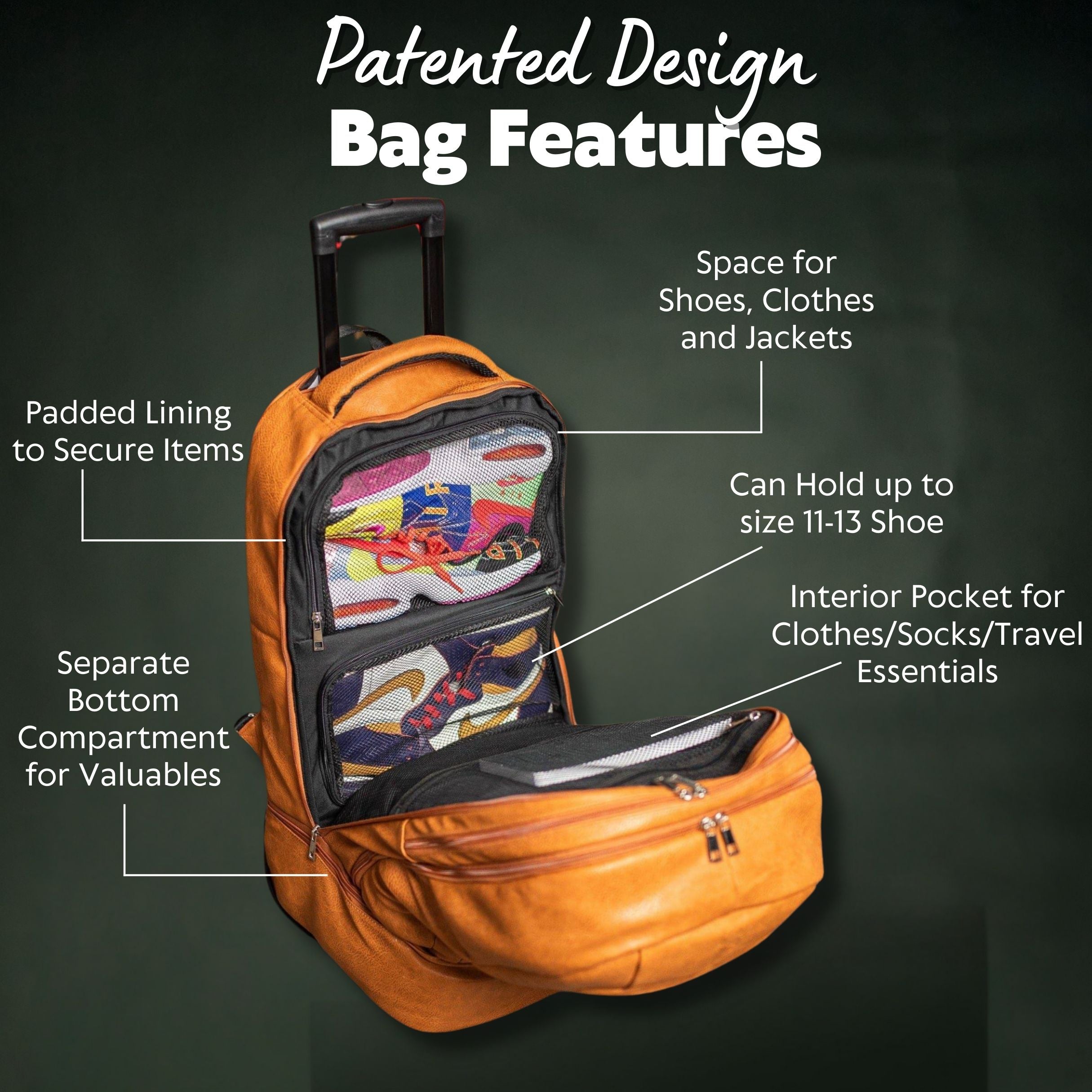 Brown Leather Carry-On Patented Roller Bag Sole Premise