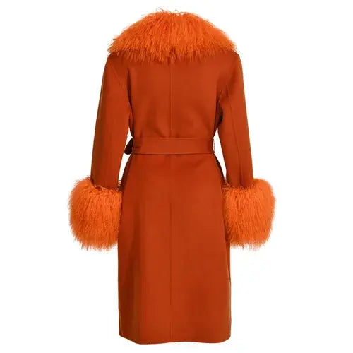 Wool Cashmere Coat with Mongolian Fur Collar | Women's Luxury
