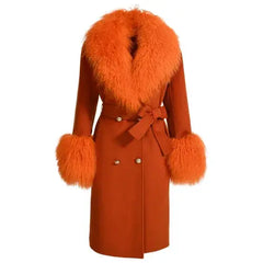 Wool Cashmere Coat with Mongolian Fur Collar | Women's Luxury