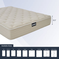 Beige mattress with a brand label on a white background, showing size options below.