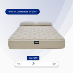 Beige mattress with a brand logo on a light gray background