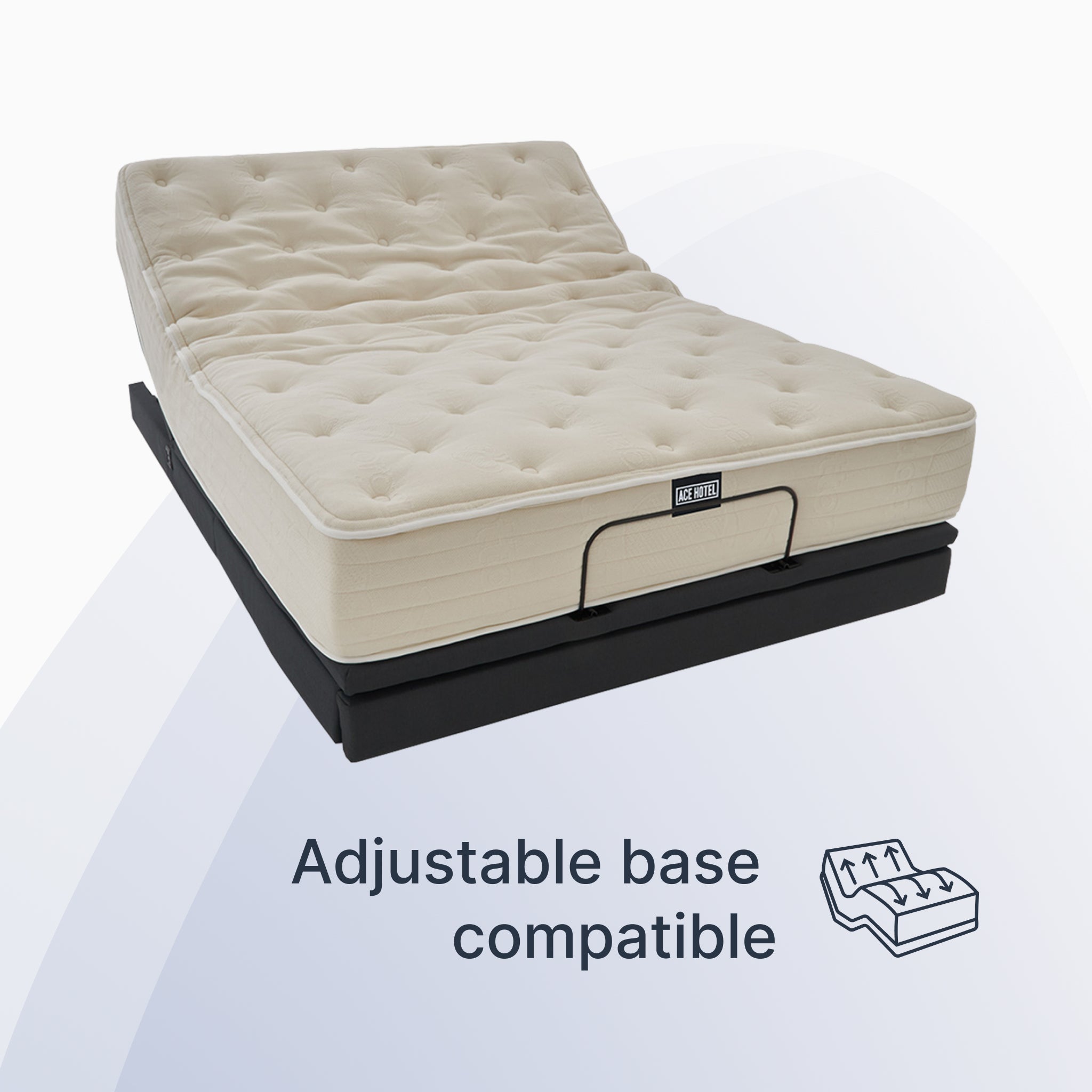 Beige mattress on an adjustable base with text indicating compatibility.