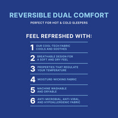Reversible dual comfort fabric features on a blue background