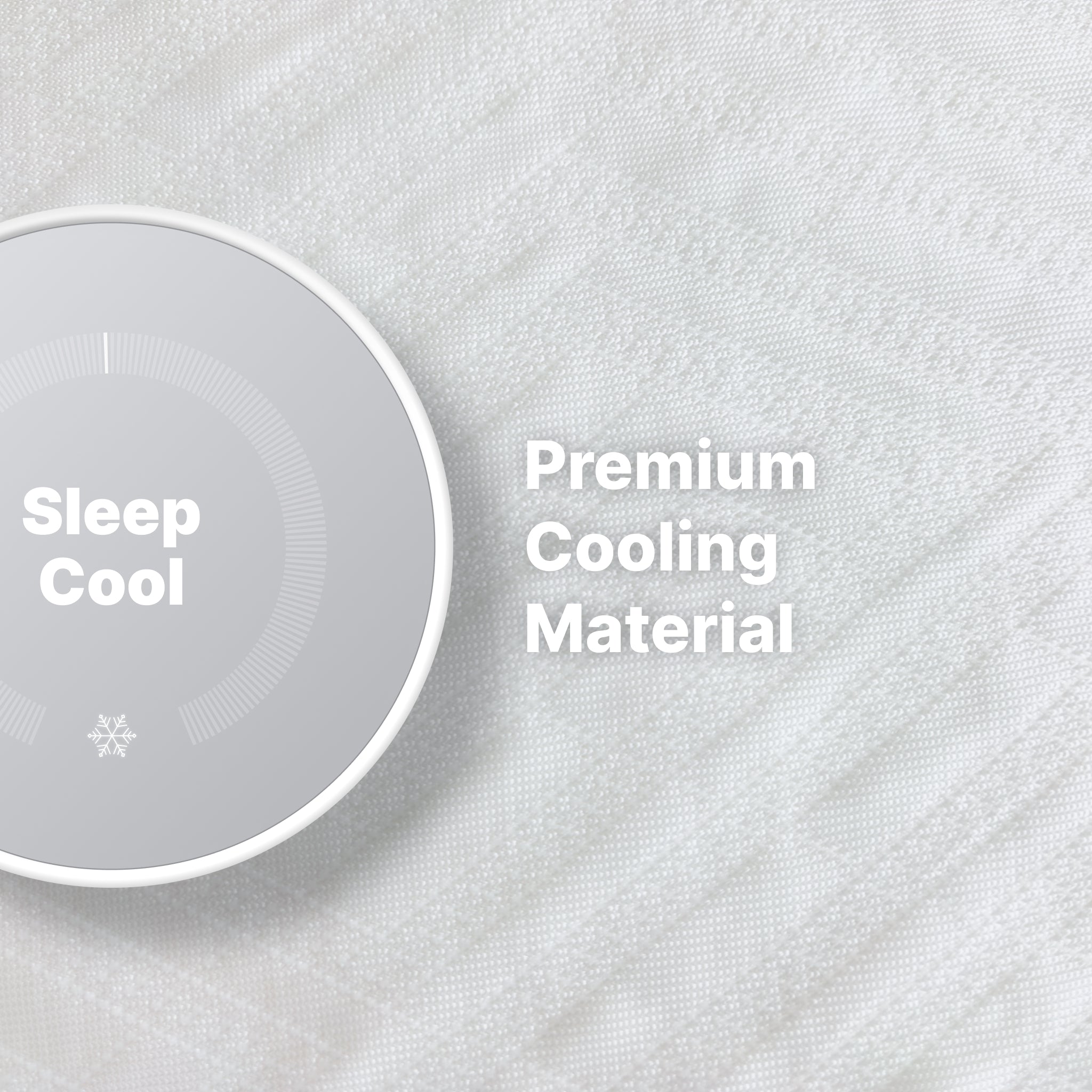 Gray cooling material with 'Sleep Cool' and 'Premium Cooling Material' text on a textured gray background
