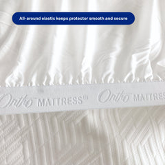 White mattress protector with 'Ontio Mattress' branding and text about elastic security.