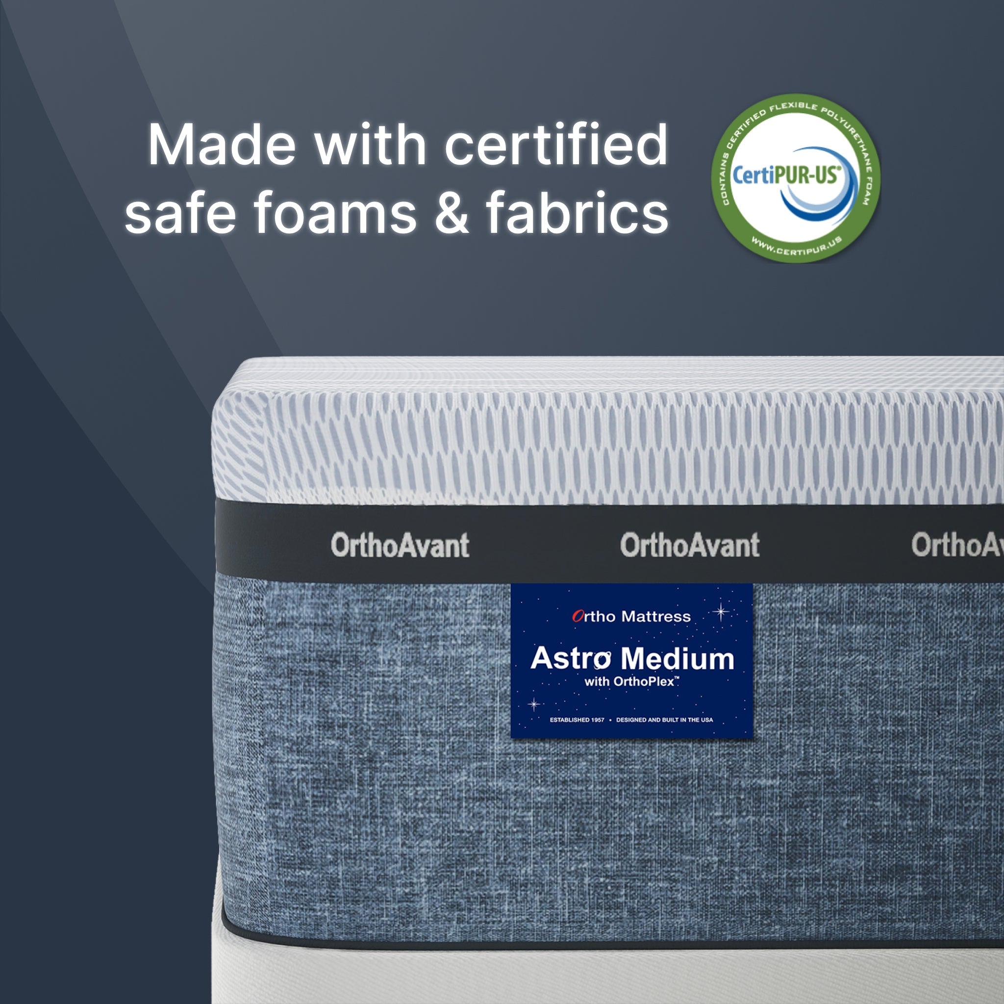Mattress with 'CertiPUR-US' certification label on a dark background