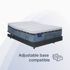 Mattress on an adjustable base with text indicating compatibility.