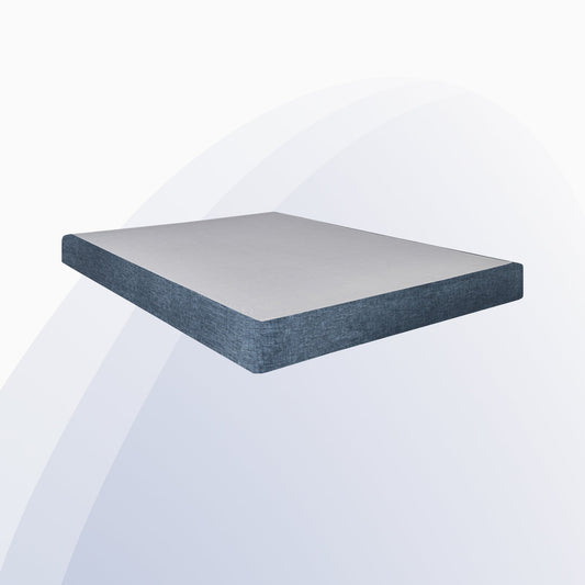 Square table with a blue textured top and clear base on a white background