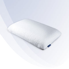 White pillow with a brand logo on a white background