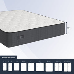 Mattress with size chart on a light gray background
