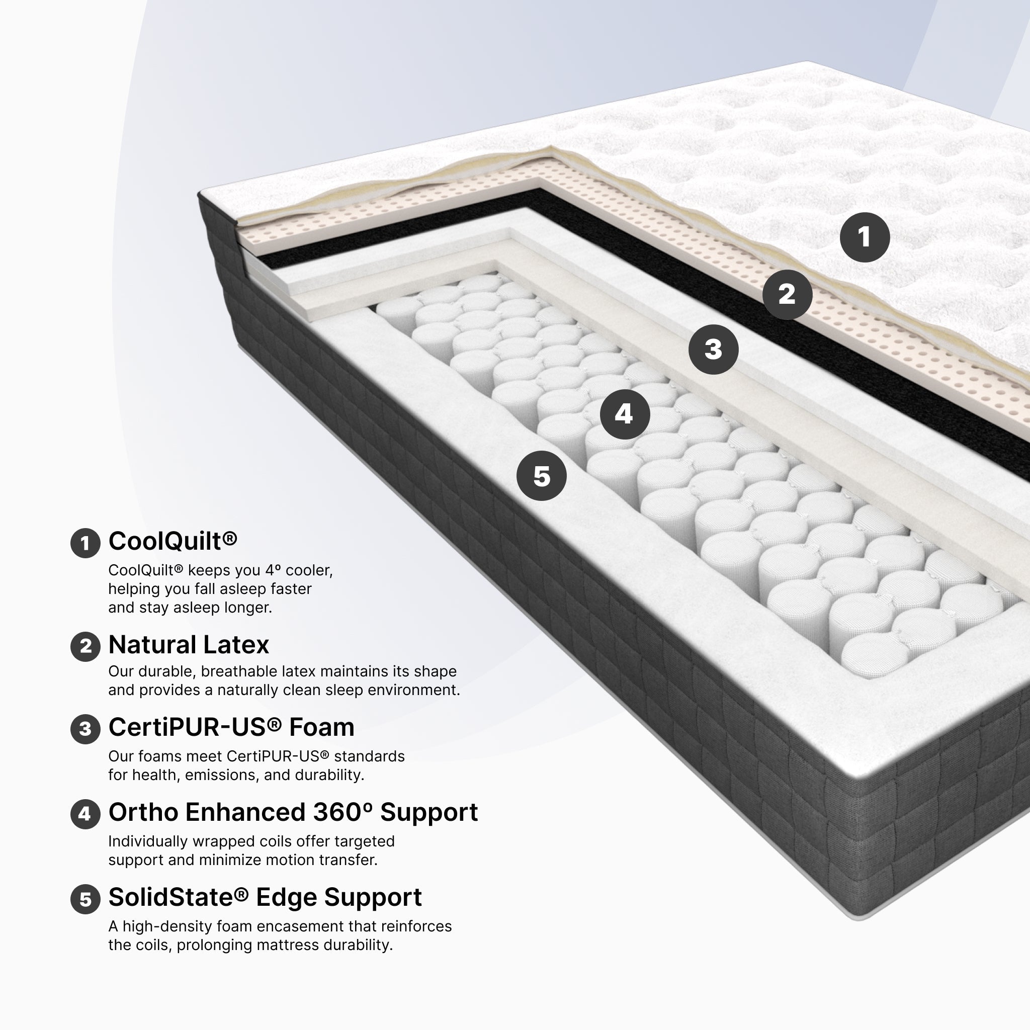 Cross-section of a mattress with labeled layers on a light gray background