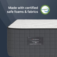Gray mattress with CertiPUR-US logo and text on a dark blue background