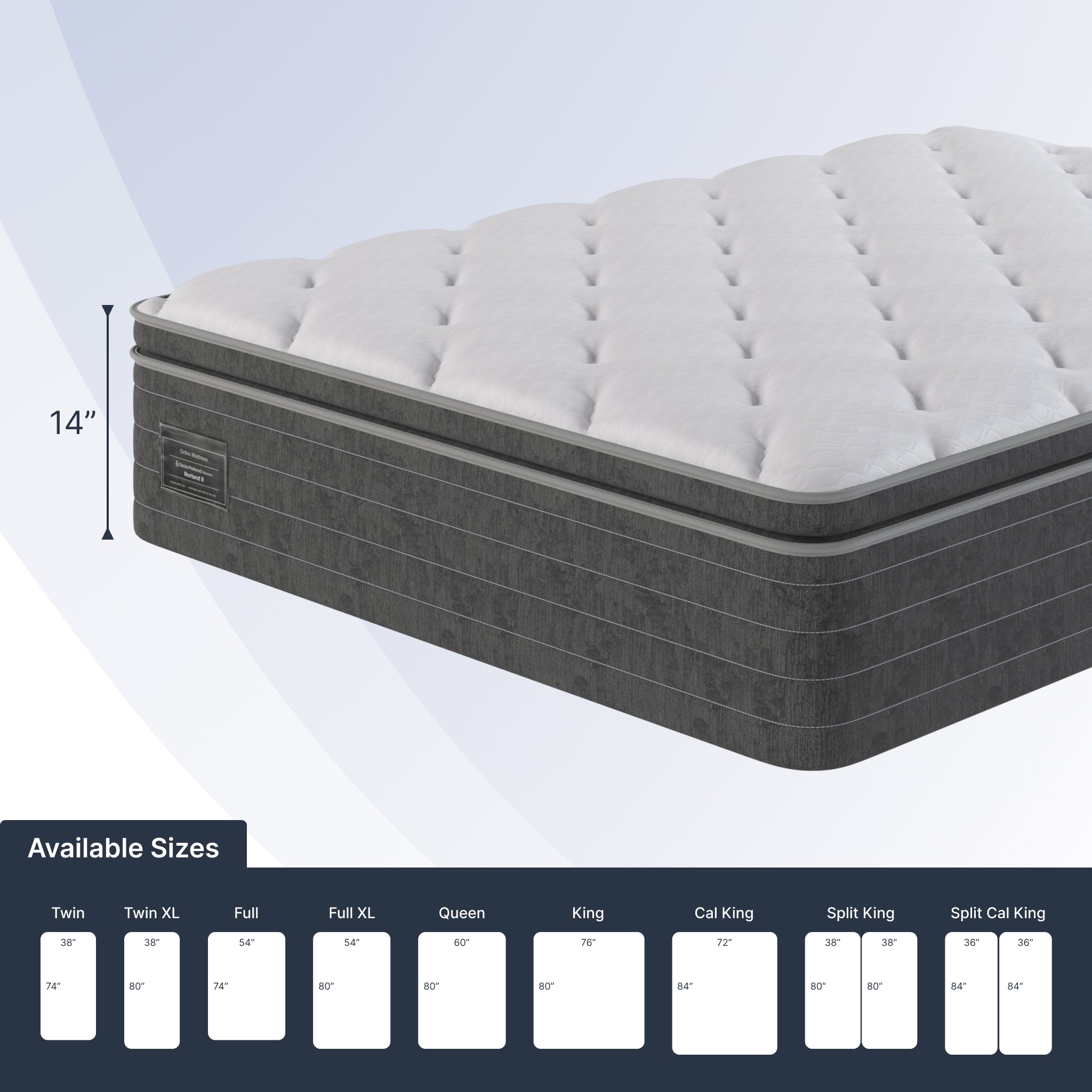 Gray and white mattress with size chart on a light gray background