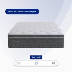 Mattress with text indicating it's suitable for combination sleepers and has a firmness scale.