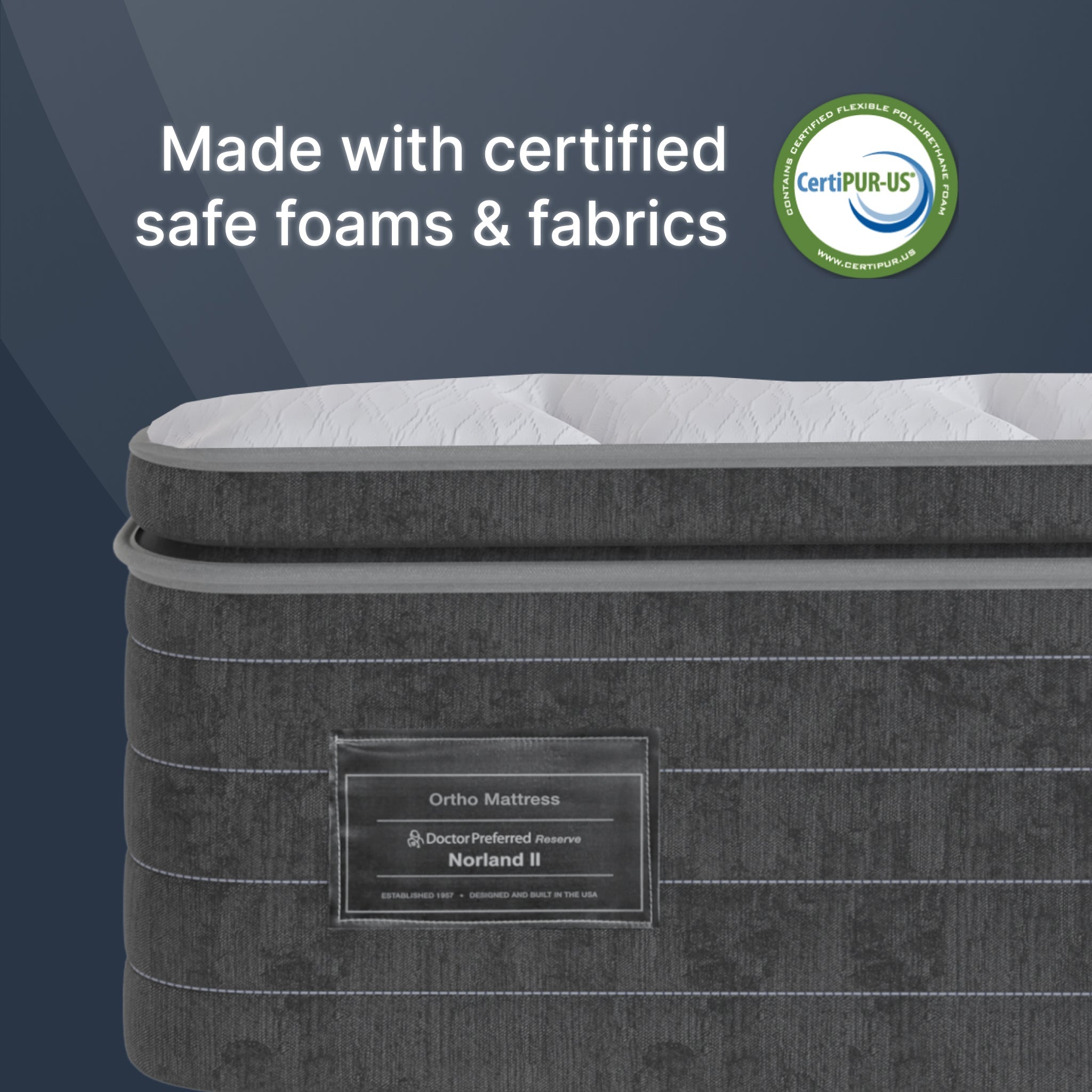 Gray Ortho Mattress with CertiPUR-US logo on a dark blue background