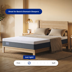 Bed with mattress labeled 'Great for Back & Stomach Sleepers' and 'Just right!' in a bedroom setting.