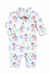 A baby long-sleeve footless romper with a white and light blue vertical stripe pattern, featuring an all-over print of cartoon teddy bears, angels, and balloons. The romper has a pointed collar and is shown flat against a white background.