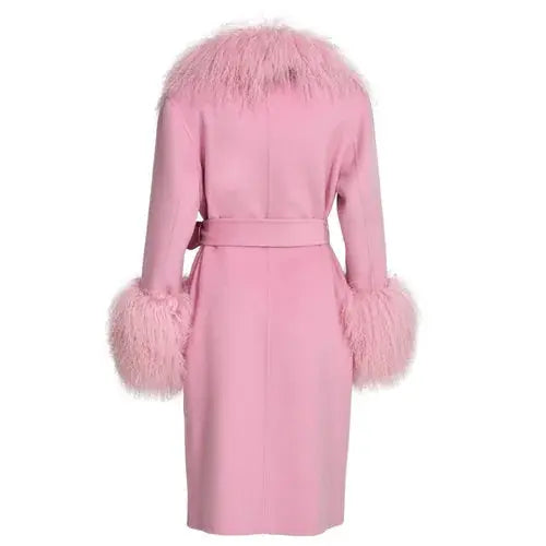 Wool Cashmere Coat with Mongolian Fur Collar | Women's Luxury