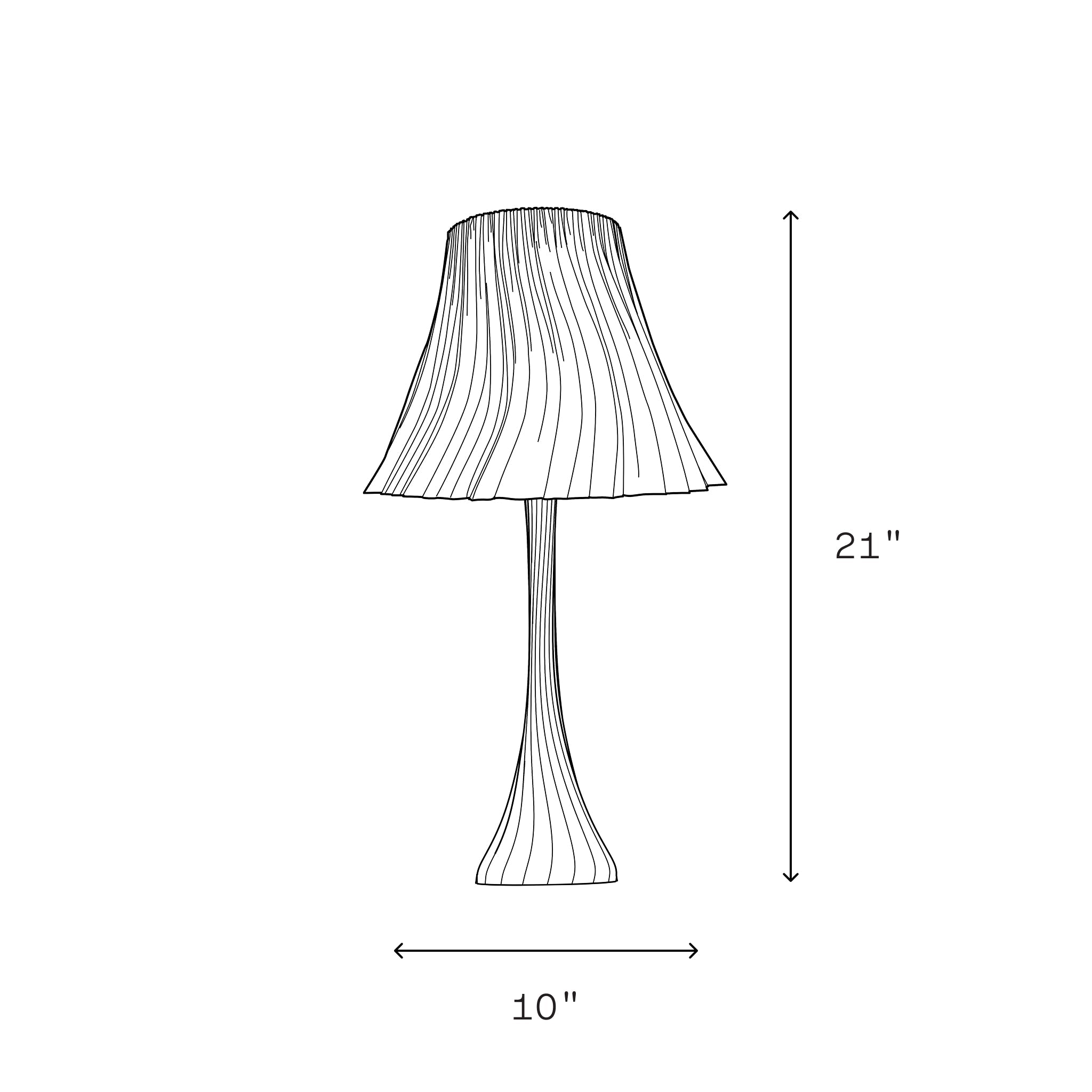 Line drawing of a lamp with dimensions labeled on a white background