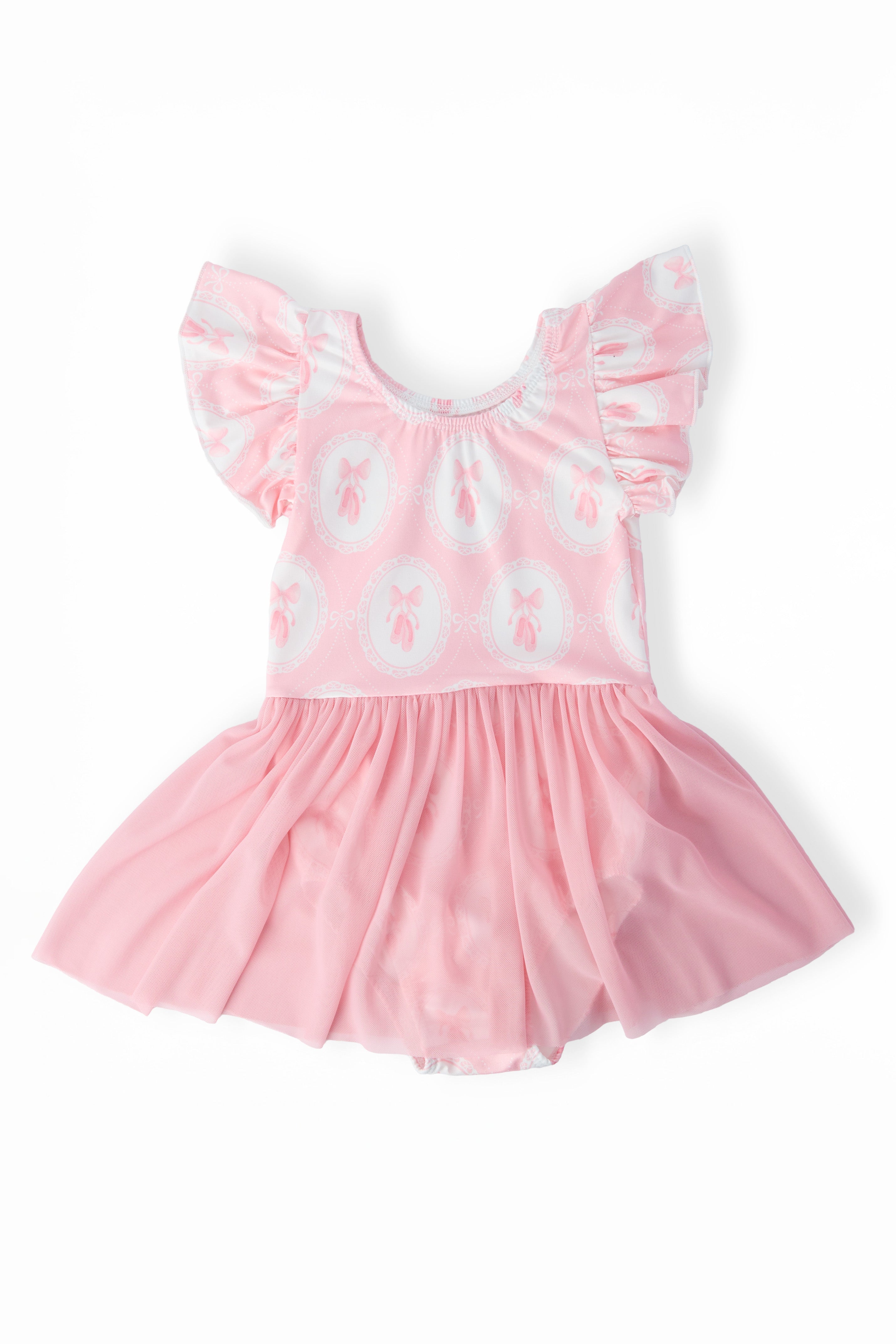 Pink dress with white text and ruffled sleeves on a white background