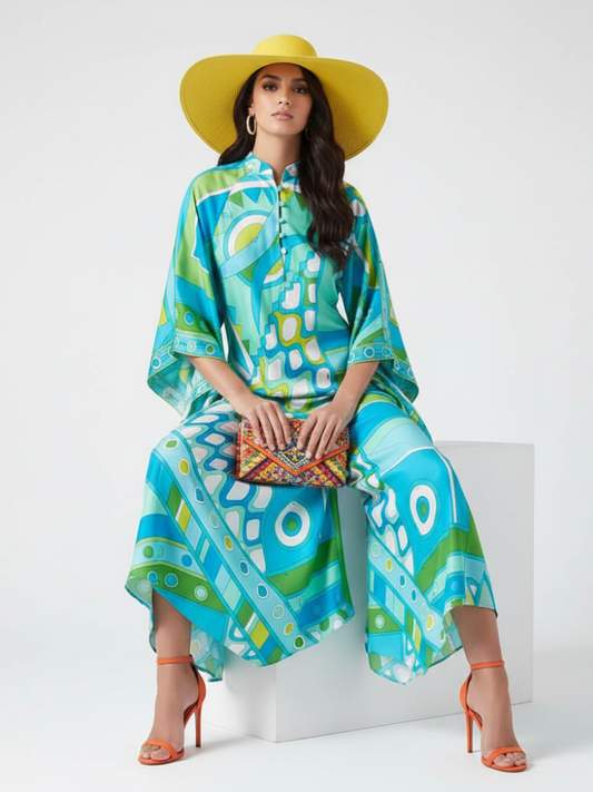 Woman wearing a colorful dress and yellow hat sitting on a white box against a white background