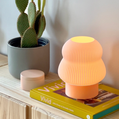 Orange textured lamp on a book with a cactus plant in the background