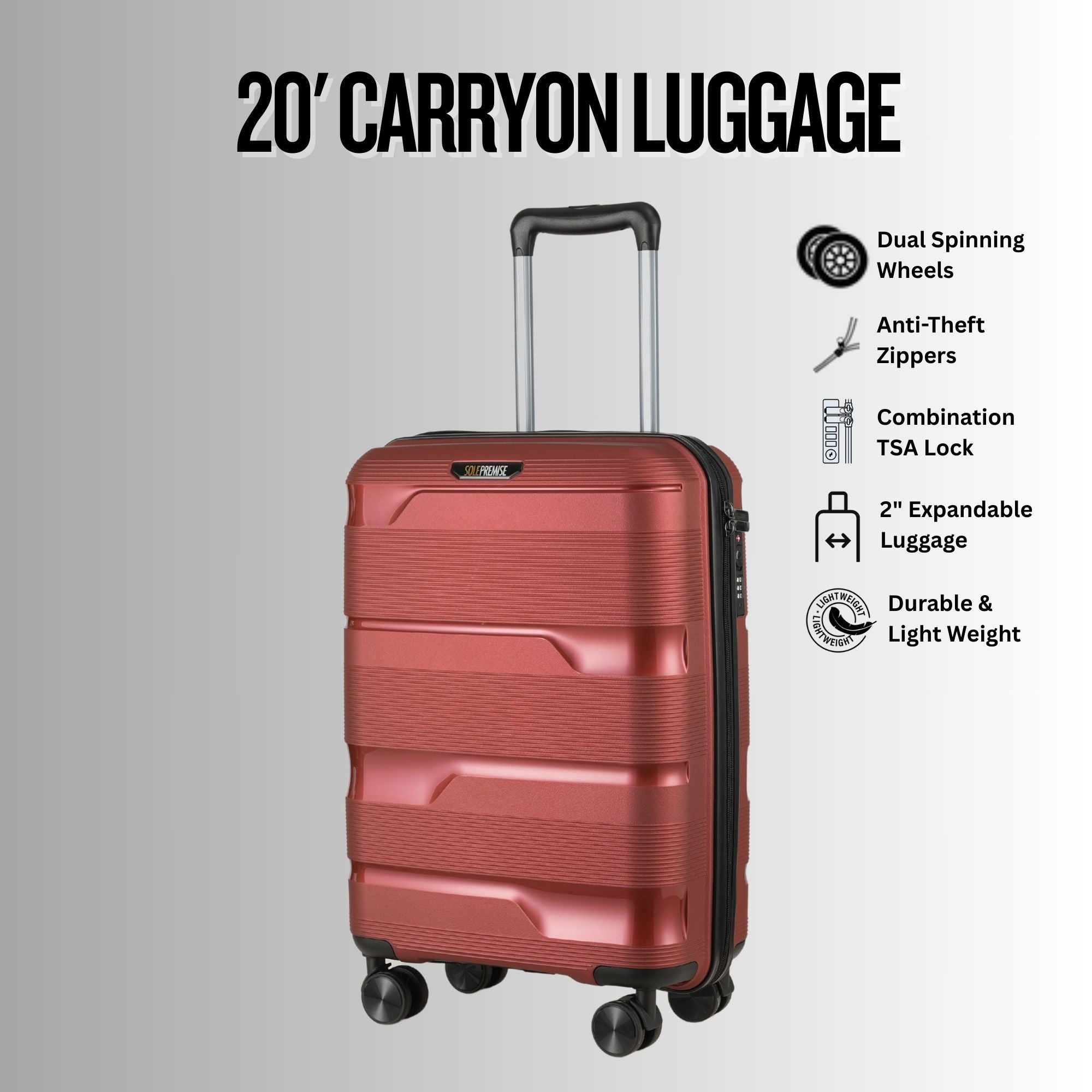 20-inch Red Carry-On Hardcase Roller Luggage with 360° Wheels Sole Premise