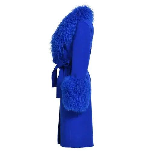 Wool Cashmere Coat with Mongolian Fur Collar | Women's Luxury