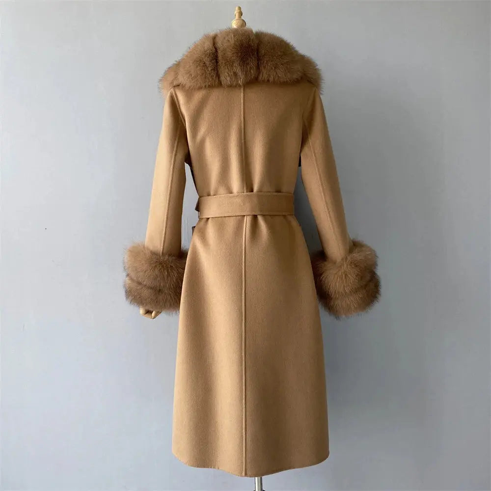 Women's Cashmere and Jasmine Wool Trench Coat with Fur Collar Family Shopolf