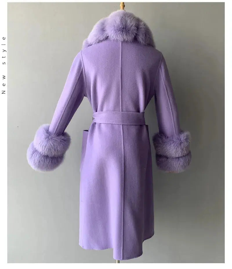 Women's Cashmere and Jasmine Wool Trench Coat with Fur Collar Family Shopolf