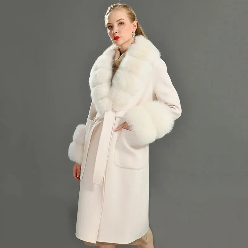 Women's Cashmere and Jasmine Wool Trench Coat with Fur Collar Family Shopolf