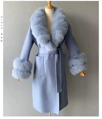 Women's Cashmere and Jasmine Wool Trench Coat with Fur Collar Family Shopolf