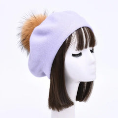 Winter Women's Knitted Wool Beret with Natural Raccoon Fur Pom-Pom Family Shopolf
