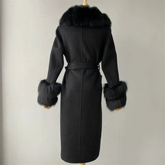 Women's Cashmere and Jasmine Wool Trench Coat with Fur Collar Family Shopolf