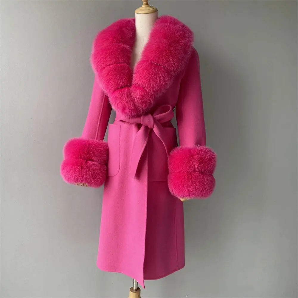 Women's Cashmere and Jasmine Wool Trench Coat with Fur Collar Family Shopolf