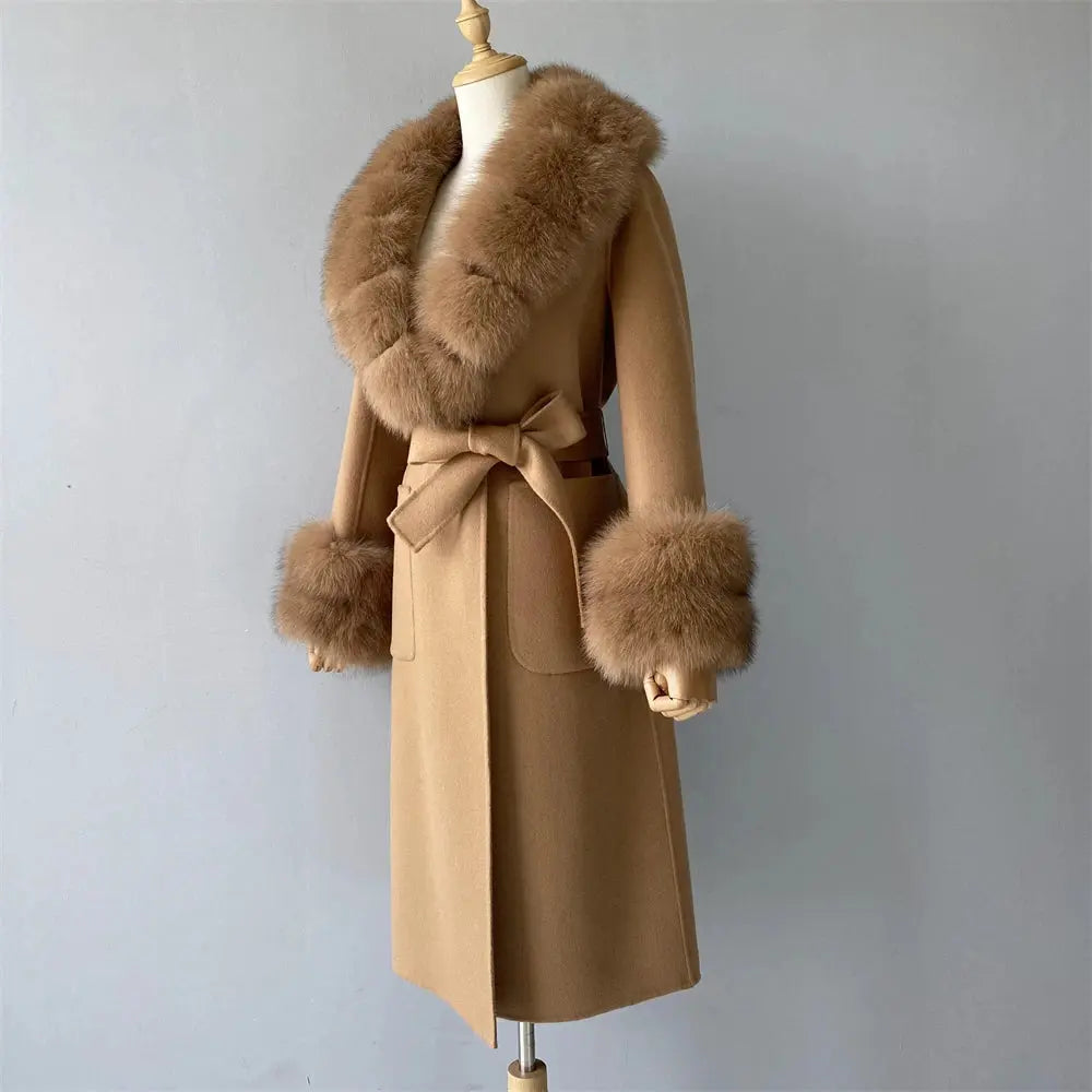 Women's Cashmere and Jasmine Wool Trench Coat with Fur Collar Family Shopolf