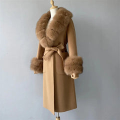 Women's Cashmere and Jasmine Wool Trench Coat with Fur Collar Family Shopolf