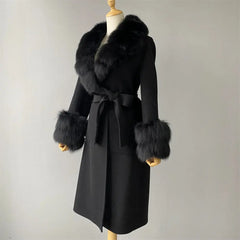Women's Cashmere and Jasmine Wool Trench Coat with Fur Collar Family Shopolf