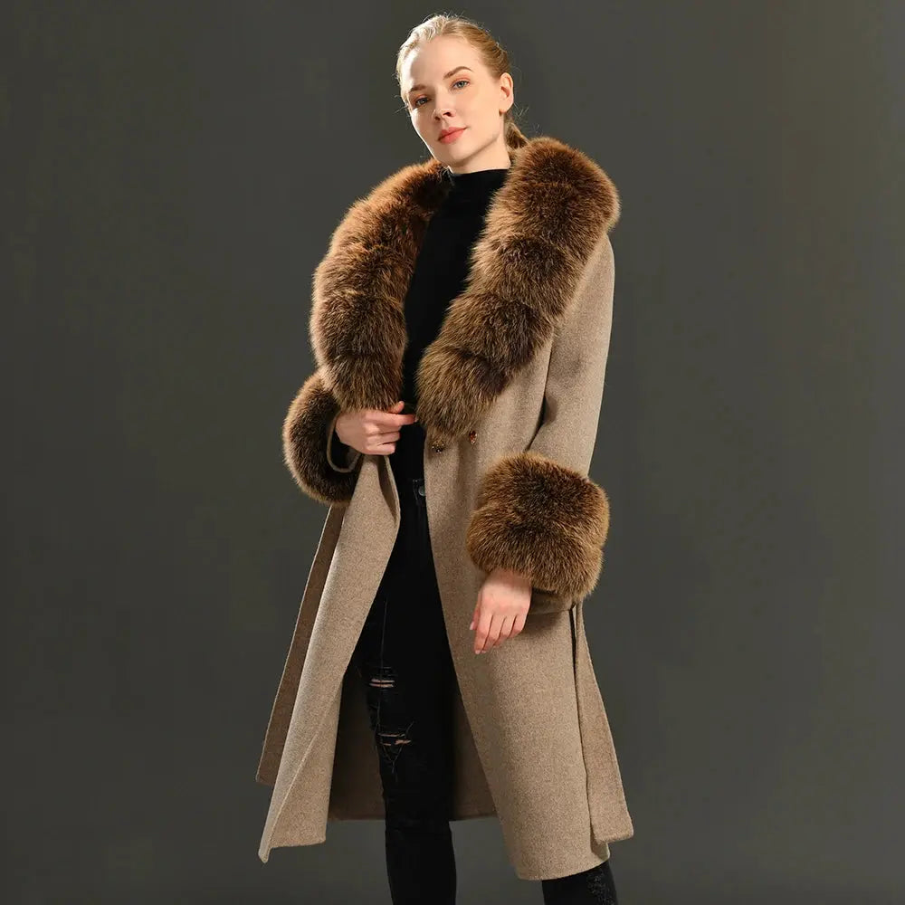 Women's Cashmere and Jasmine Wool Trench Coat with Fur Collar Family Shopolf