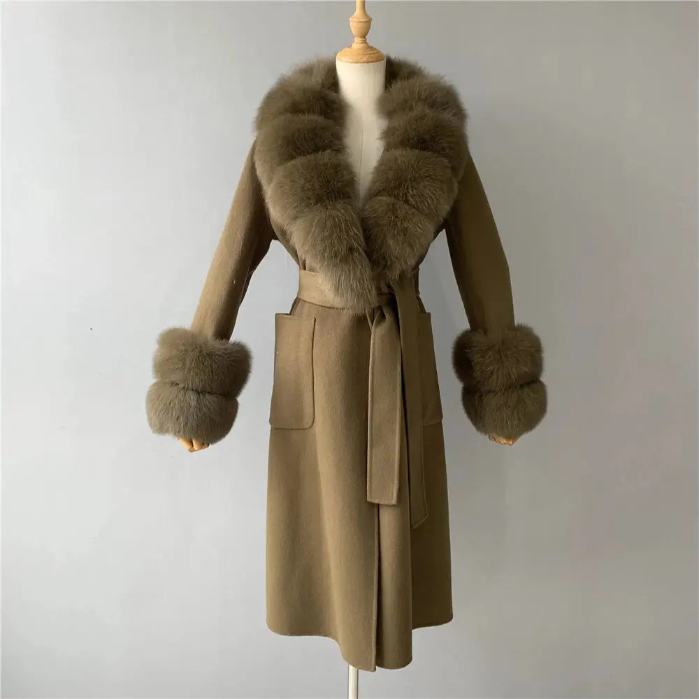 Women's Cashmere and Jasmine Wool Trench Coat with Fur Collar Family Shopolf
