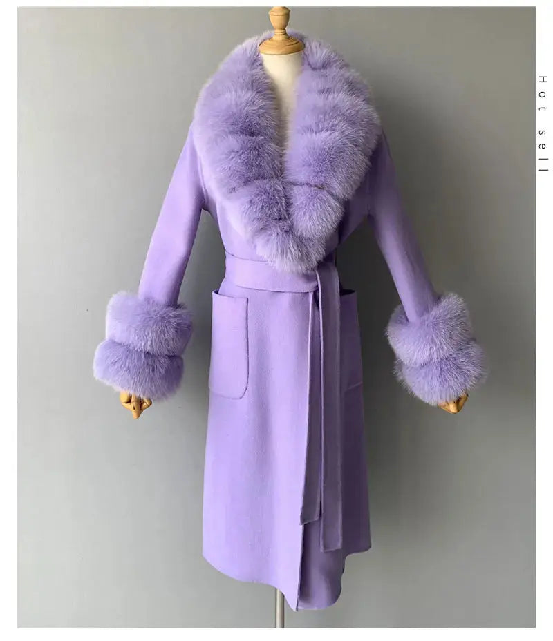 Women's Cashmere and Jasmine Wool Trench Coat with Fur Collar Family Shopolf