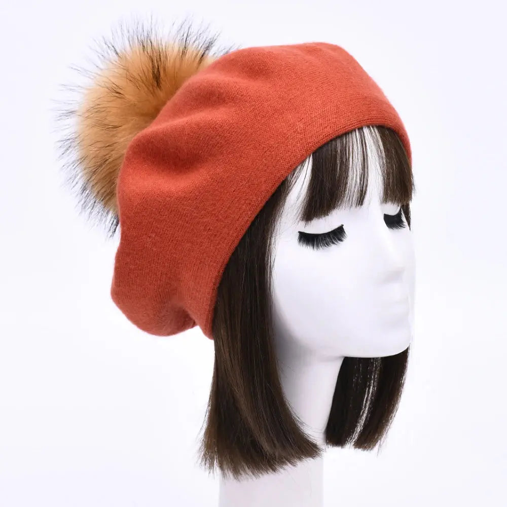 Winter Women's Knitted Wool Beret with Natural Raccoon Fur Pom-Pom Family Shopolf
