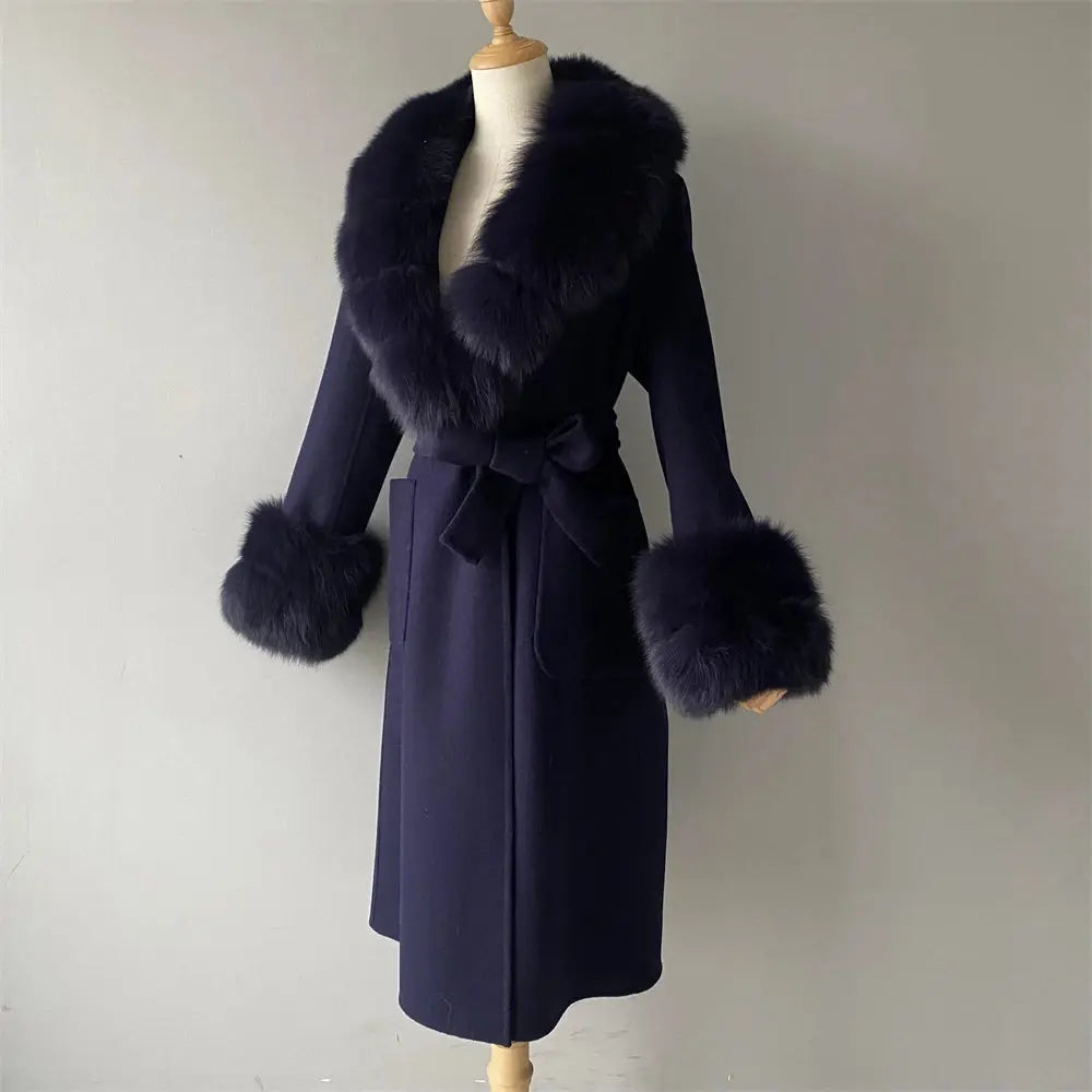 Women's Cashmere and Jasmine Wool Trench Coat with Fur Collar Family Shopolf