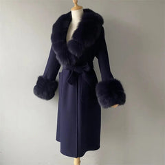 Women's Cashmere and Jasmine Wool Trench Coat with Fur Collar Family Shopolf