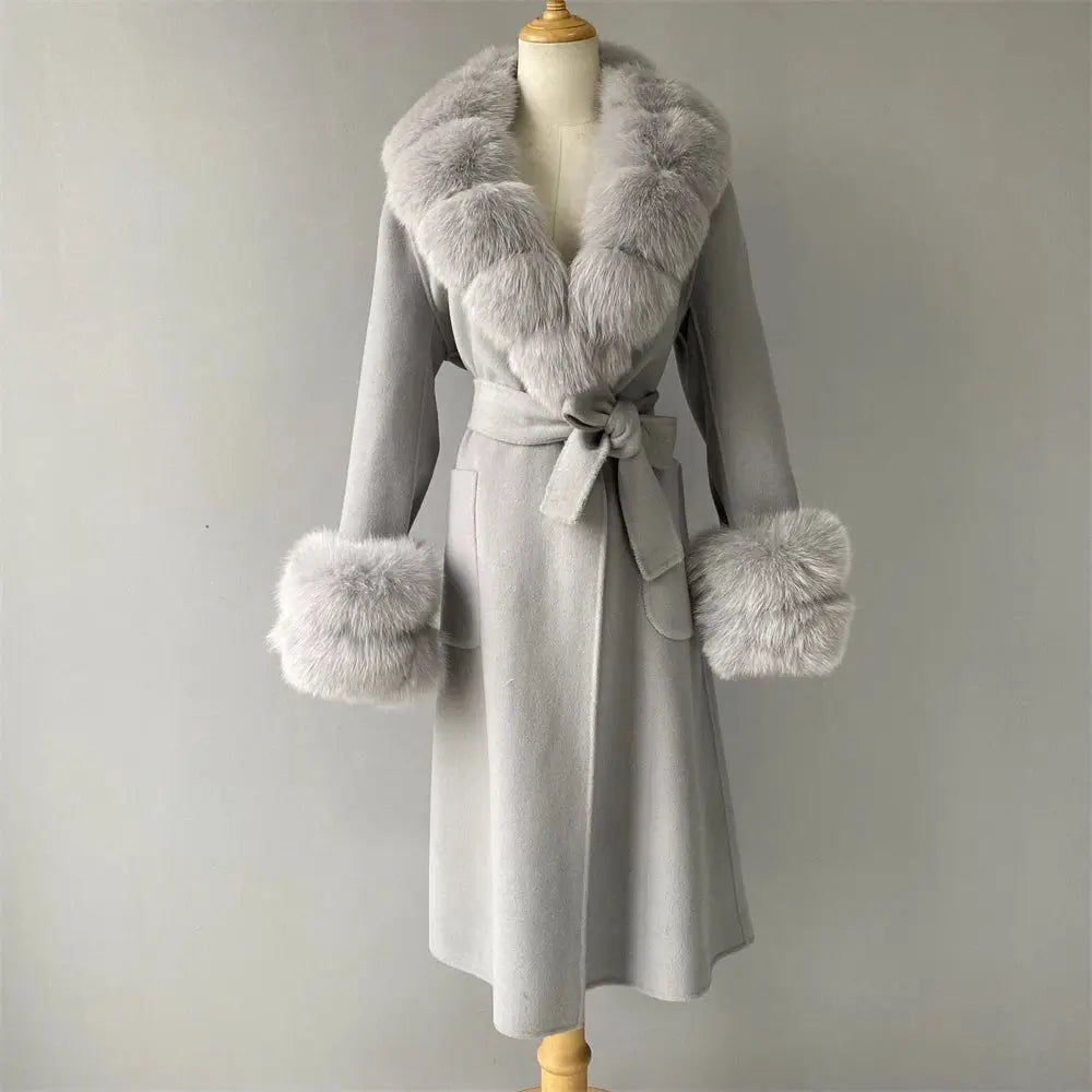 Women's Cashmere and Jasmine Wool Trench Coat with Fur Collar Family Shopolf