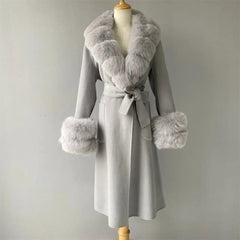 Women's Cashmere and Jasmine Wool Trench Coat with Fur Collar Family Shopolf