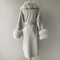 Women's Cashmere and Jasmine Wool Trench Coat with Fur Collar Family Shopolf