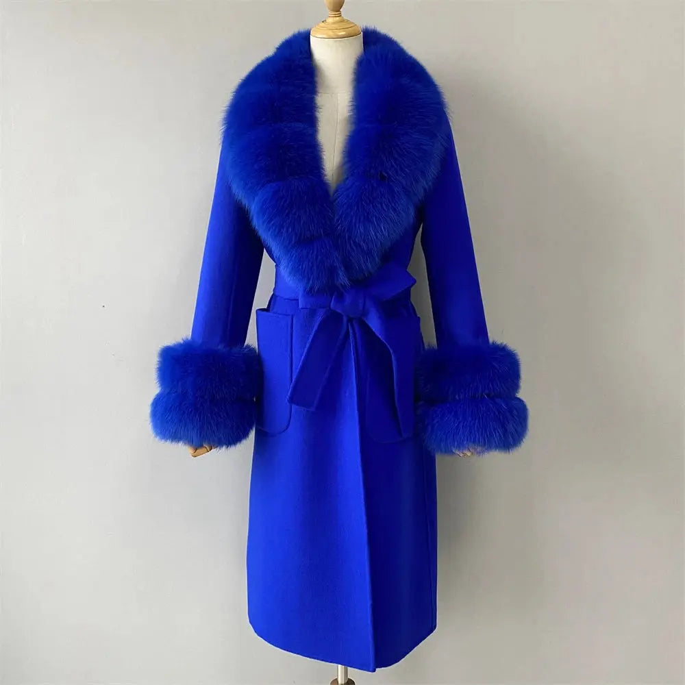 Women's Cashmere and Jasmine Wool Trench Coat with Fur Collar Family Shopolf
