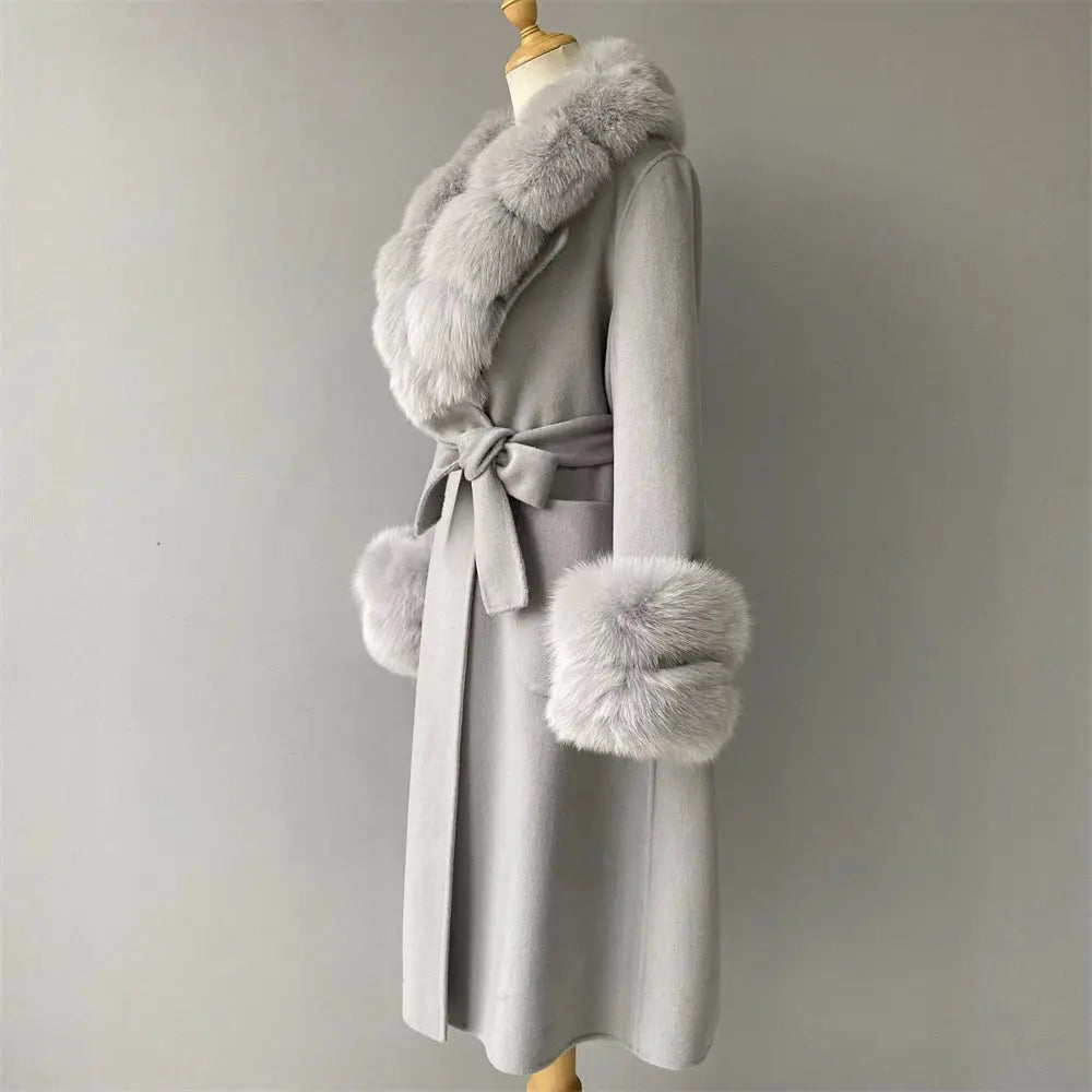 Women's Cashmere and Jasmine Wool Trench Coat with Fur Collar Family Shopolf