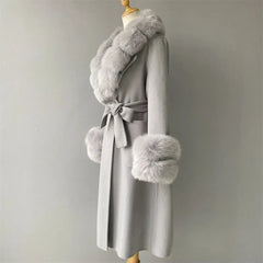 Women's Cashmere and Jasmine Wool Trench Coat with Fur Collar Family Shopolf